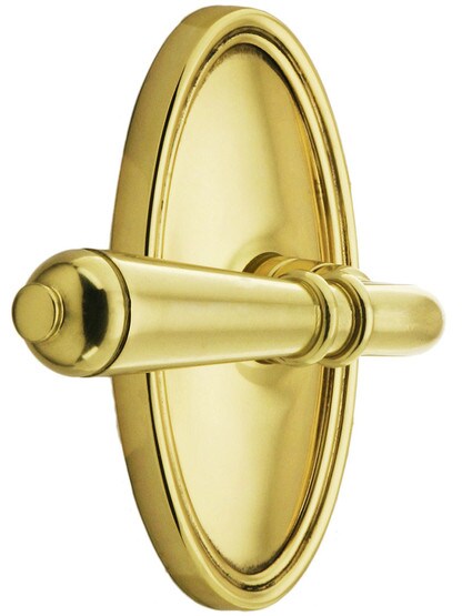 Oval Rosette Set With Turino Levers Left Hand in Polished Brass.
